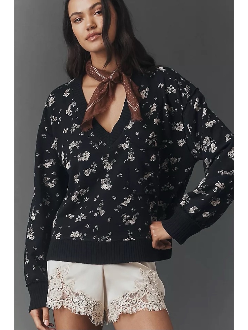 Anthropologie Pilcro V Neck Montana Pocket Sweatshirt Top Cottage Floral XL NWT